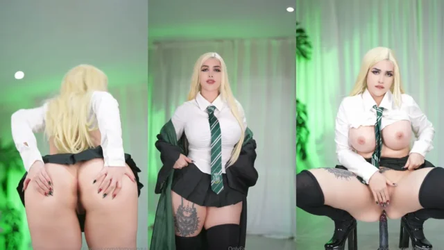 Demon Mika masturbating with a dildo while wearing a Hogwarts outfit